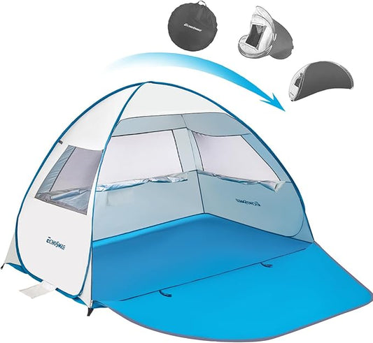 EchoSmile Pop Up Beach Tent for 4 Person Family, UPF 50+ Sun Shelter & Waterproof Beach Shade for Kids, Automatic Easy Setup Portable Cabana for Outdoor Travel（Light Blue）