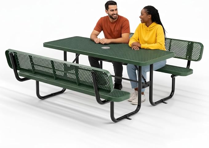 Metal Picnic Furniture for Outdoors with Umbrella Hole - Coated Steel Heavy Duty Commercial Grade Table with Adjustable Seats, Patio Set for a Lifetime (Green, 6' Rectangular with Back)