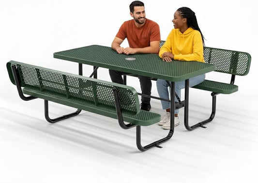 Metal Picnic Furniture for Outdoors with Umbrella Hole - Coated Steel Heavy Duty Commercial Grade Table with Adjustable Seats, Patio Set for a Lifetime (Green, 6' Rectangular with Back)