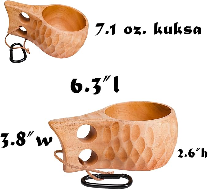 Kuksa Camping Mug Wooden Bushcraft Handcarved Cup, Nordic Style Coffee & Hiking Kuksa, Rubber Wood with Double Hole & Engraved Pattern, 7.1 oz., 6.3" x 3.8" x 2.6"