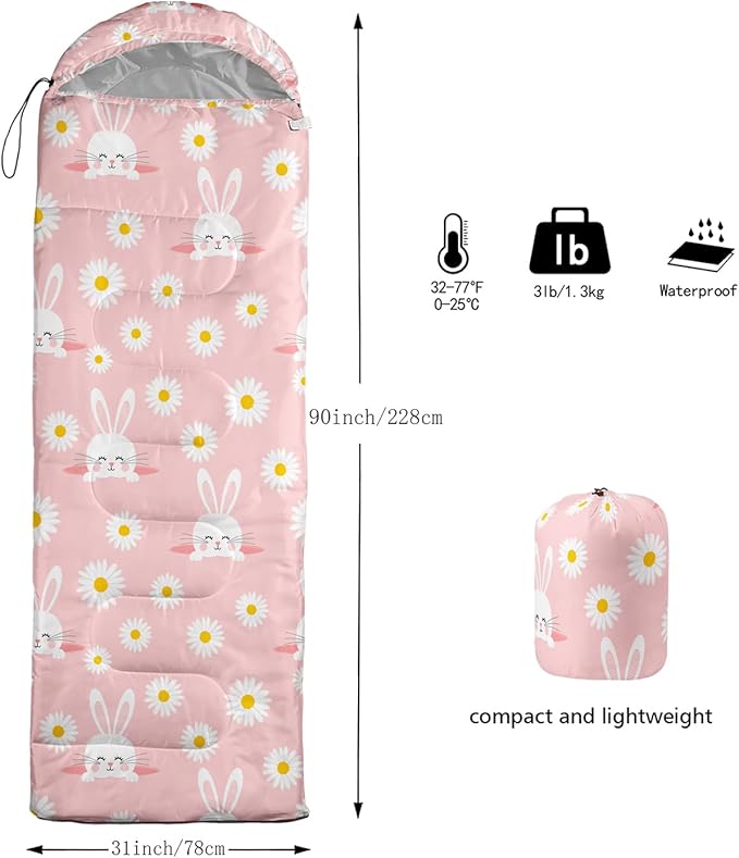 AILONEN Girls Pink Camping Sleeping Bags,Lightweight & Waterproof,3 Season Warm & Cool Weather,Cute Bow Duck Print Sleeping Bags for Kids,Girls,Adults Travelling,Outdoors