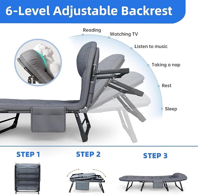 Camping Cot Portable Folding Bed for Adults 6 Position Adjustable Cot Recliner Chair with Pillow Heavy Duty Steel Frame Camping Office Nap Indoor Outdoor Use (Small(66in))