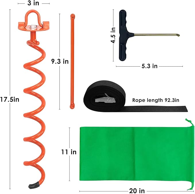 MIXXIDEA 17.5 Inch Gound Anchors Screw in, Metal Spiral Earth Anchors Kit, Heavy Duty Folding Ring Spiral Stake with Straps, Ground Stakes for Tent (Orange, 17.5 Inch with 92in Strap)