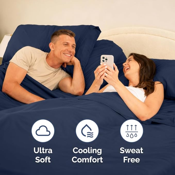 Flex Top Split Head King 4 Piece Sheet Set - Comfy Breathable & Cooling Bed Sheets Set - Hotel Luxury Bedding for Women, Men, Kids, Teens, Boys & Girls - Deep Pockets, Soft and Oeko-Tex - Navy Blue