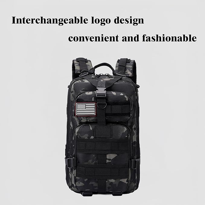 30L Comfortable Durable Military Tactical Backpack w/USA Flag Patch, MOLLE Hiking Camping Travel Bag,（black camouflage）