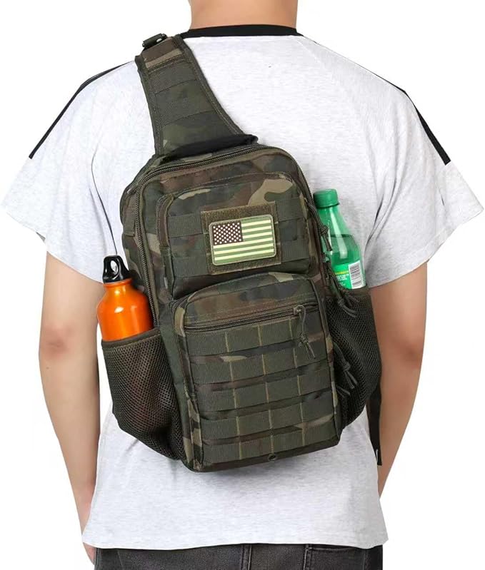 Rover Sling Pack Tactical Shoulder Sling Bag Backpack with Bottle Holder Crossbody Chest Bag, Woodland