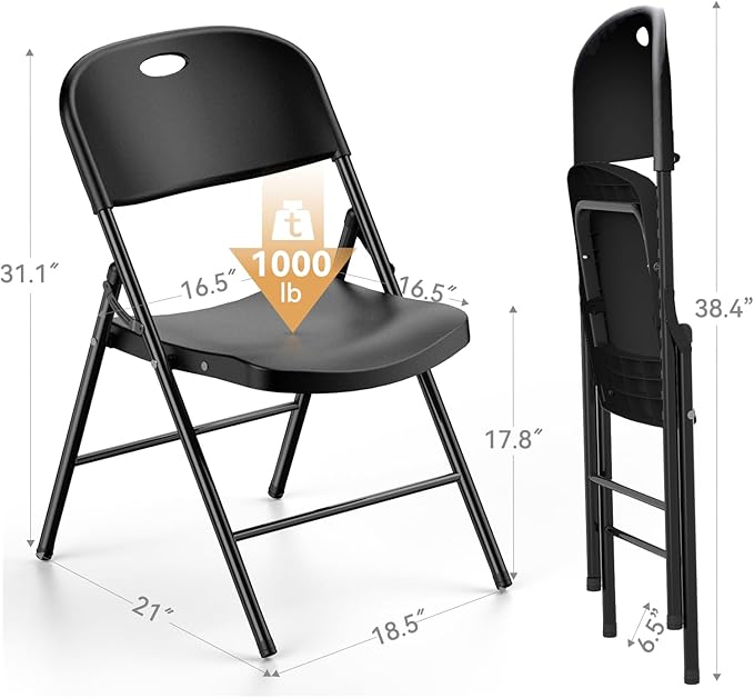 Nazhura 350 Weight Limit Heavy Duty Plastic Folding Chair with Reinfoced Steel Frame for Indoor and Outdoor, Wedding, Party, Restaurant, Meeting Room, Patio and Garden (Black, 4 Pack)