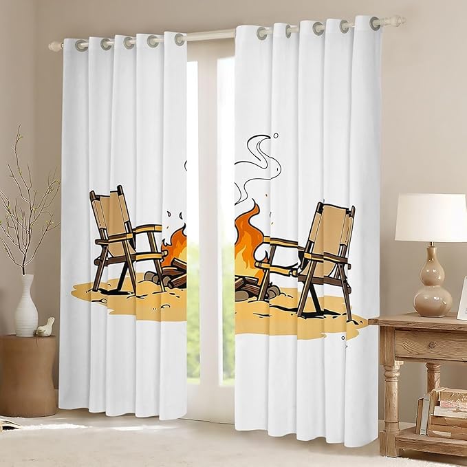Erosebridal Cartoon Campfire Window Drapes Happy Camping Blackout Curtains 42" Wx84 L Adventure Outdoor Life Curtains for Bedroom Living Room,Camping Lovers Window Treatments 2 Panels