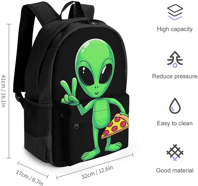 Supdreamc Lightweight Daypack Backpack for Trekking Work Running, Big Capacity Multipurpose Anti-Theft Bookbag, Funny Space Alien Eating Pizza Peace Business Computer Bag