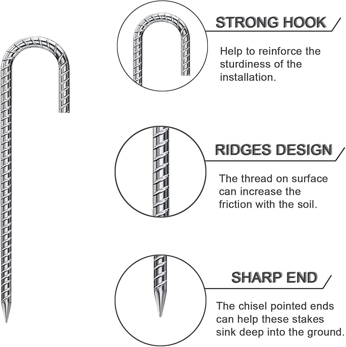 Rebar Stakes 16 Inch 17 Pack Tent Spikes Heavy Duty Metal J Hook, Fence Stakes for Trampoline, Fence, Camping Tent (17, J-16 x2/5")
