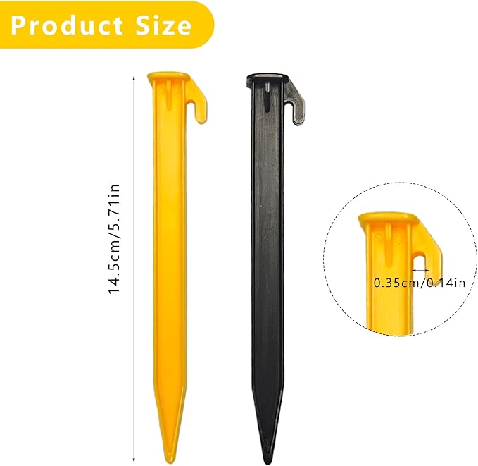 16 PCS 5.7 Inch Plastic Tent Stakes, Heavy Duty Serrated Edges Pegs for Outdoor Camping Lawn Beach Garden Canopy Anchoring and Decoration, Yellow and Black