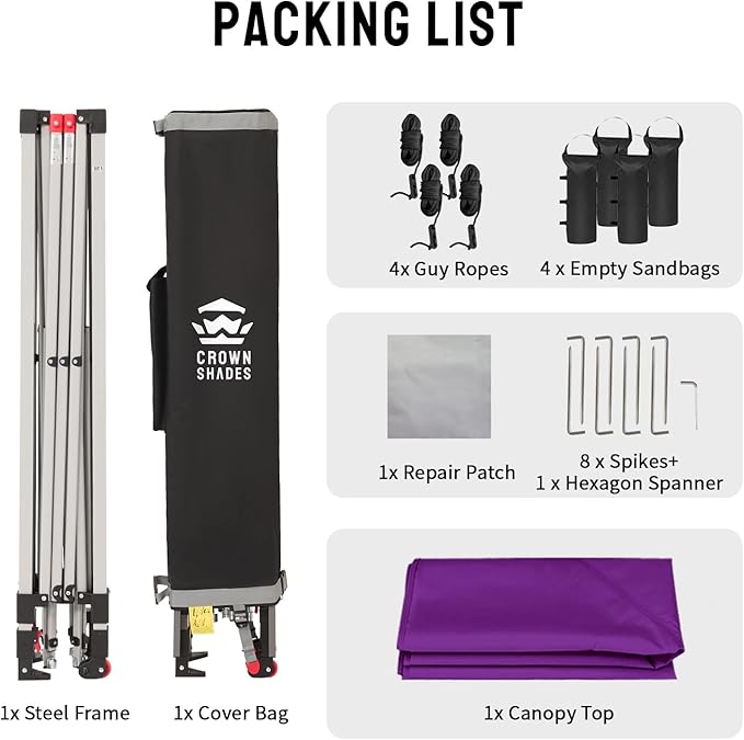 CROWN SHADES 10x10 Pop Up Canopy - Beach Tent with One Push Setup - Easy Outdoor Sun Shade for Events, Parties, Camping - Gazebo with STO-N-Go Cover Bag, Silver Coated Top, Purple