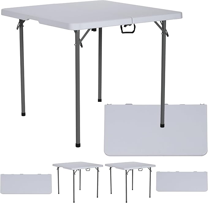 BTEXPERT 34" Bi-Folding Commercial Fold in Half Square Table Heavy Duty Portable Plastic Dining Card Table w Handle for Indoor Outdoor Kitchen Party Wedding Event White Set of 2