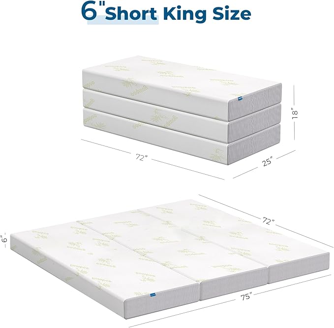 Inofia 6 Inch Folding Mattress, Trifold Memory Foam RV Mattress with Ultra Soft Removable Cover, Foldable & Portable for Camper/Truck/Trailer/Guest Bed, Short King Size (75" x 72" x 6")