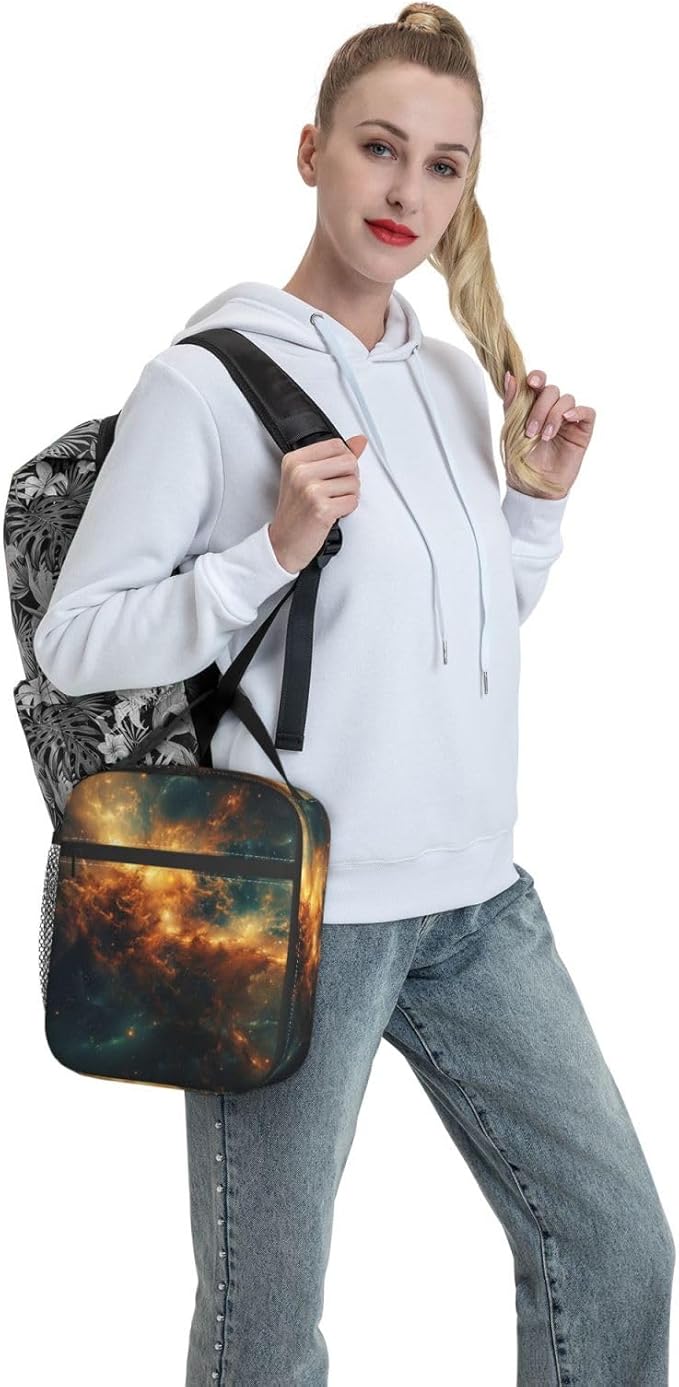 Galaxy Lunch Box for Kids Aldults, Cosmic Space Reusable Thermal Insulation Cooler Tote Bags, Golden Nebula Star Field Pattern Insulated Bag for Student, School Picnic Camping Travel, Gifts