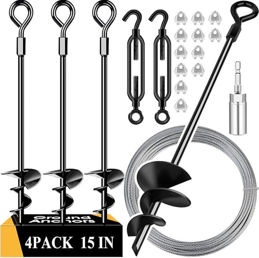 15in 4 Pack Ground Anchors with 1/8" Galvanized Cable Shed Anchor Kit, Trampoline Stakes Anchors High Wind – Ideal for Canopies, Sheds, Car Ports, Swing Sets Gazebo Greenhouse (15 in of 4 Pcs)