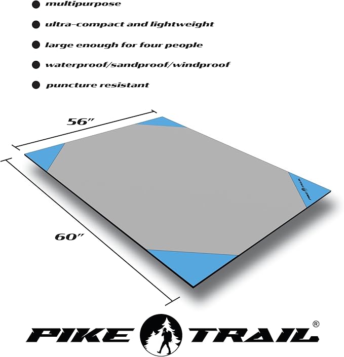 Pike Trail Pocket Beach Blanket (60 in X 56 in) – Lightweight Sand Proof Picnic Blanket, Compact Outdoor Blanket, Waterproof Pocket Blanket for Hiking, Camping, Picnics, Travel and Beach Trips