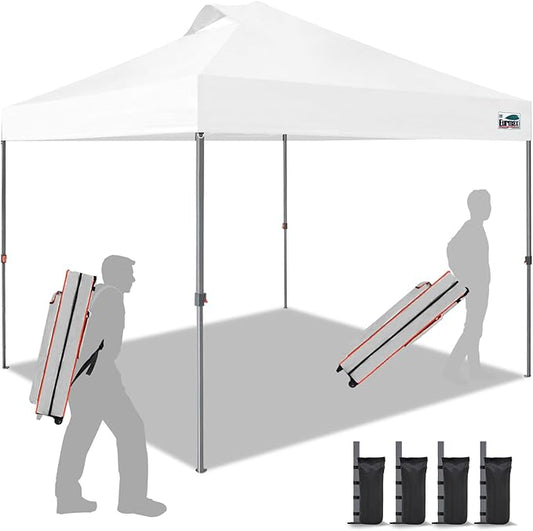 Eurmax USA NOMATTER ONE-Person Open&Close 10x10ft Pop Up Canopy Tent，Portable Shelter Canopy for Outdoor Events，Instant Canopies, Temporary Sunshade,Bonus 4 Sand Bags(White)