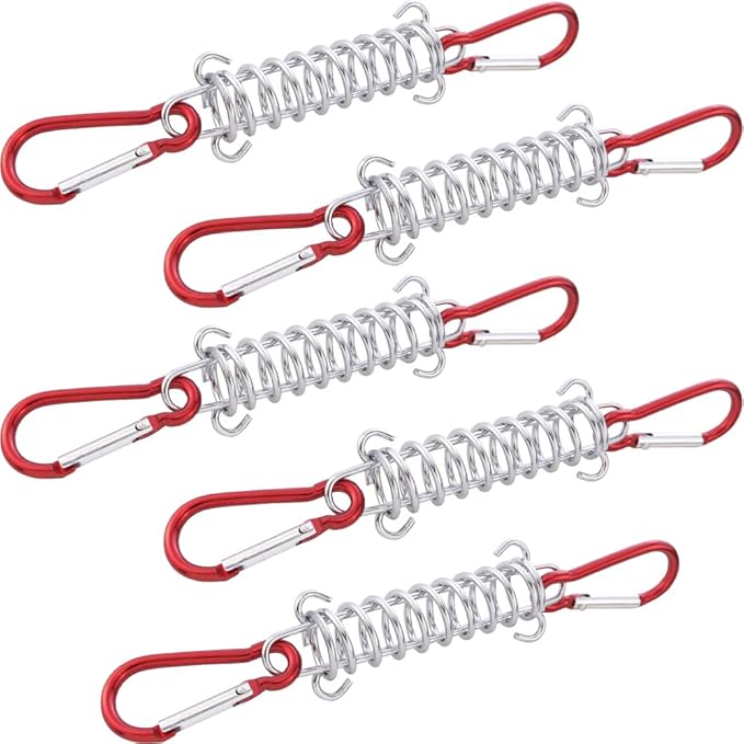 NODG 5 Sets Camping Tent Spring Buckle Set Tent Spring Porch Swing Spring Buckle with Carabiners Heavy Duty Wire Racks Accessories Awning Rope Tensioner for Securing Tarps Tents Sunshade