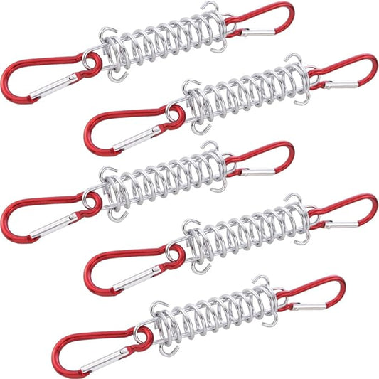 NODG 5 Sets Camping Tent Spring Buckle Set Tent Spring Porch Swing Spring Buckle with Carabiners Heavy Duty Wire Racks Accessories Awning Rope Tensioner for Securing Tarps Tents Sunshade
