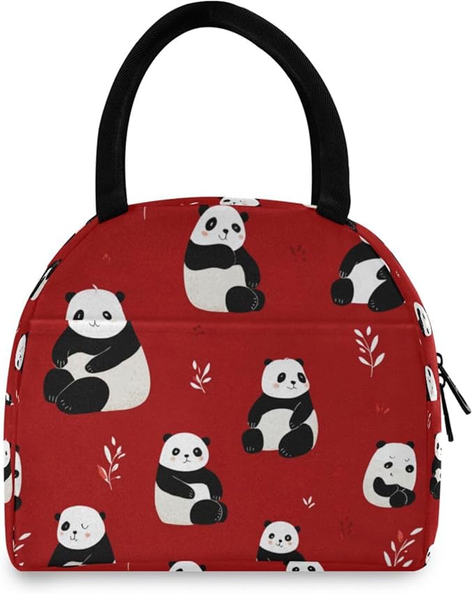Kcldeci Kids Lunch Bag Insulated Lunch Box for Boys Girls Bear Panda on Red Reusable Toddler Leak-proof Lunchbox for School and Daycare