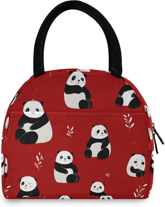 Kcldeci Kids Lunch Bag Insulated Lunch Box for Boys Girls Bear Panda on Red Reusable Toddler Leak-proof Lunchbox for School and Daycare