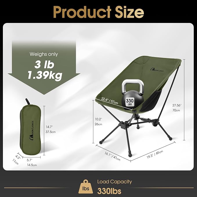 MOON LENCE Portable Camping Chair, Lightweight Folding Backpacking Hiking Chair, Plus Size Compact Yet, Support 330 lbs (Green)