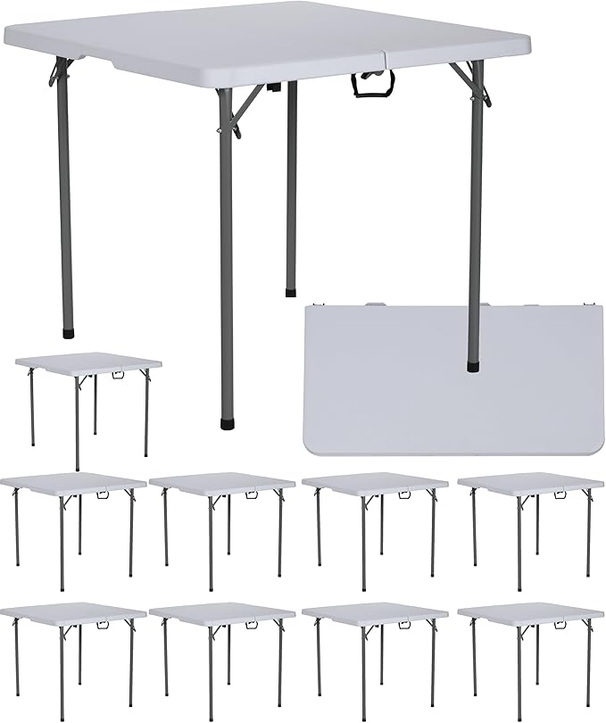 BTEXPERT 34" Folding Table, Portable Square Card Table Collapsible Legs Carrying Handle, Plastic Tables for Indoor Outdoor Home Camping Picnic, Party Board Games Nights Gatherings White Set of 10
