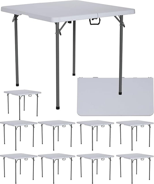 BTEXPERT 34" Folding Table, Portable Square Card Table Collapsible Legs Carrying Handle, Plastic Tables for Indoor Outdoor Home Camping Picnic, Party Board Games Nights Gatherings White Set of 10