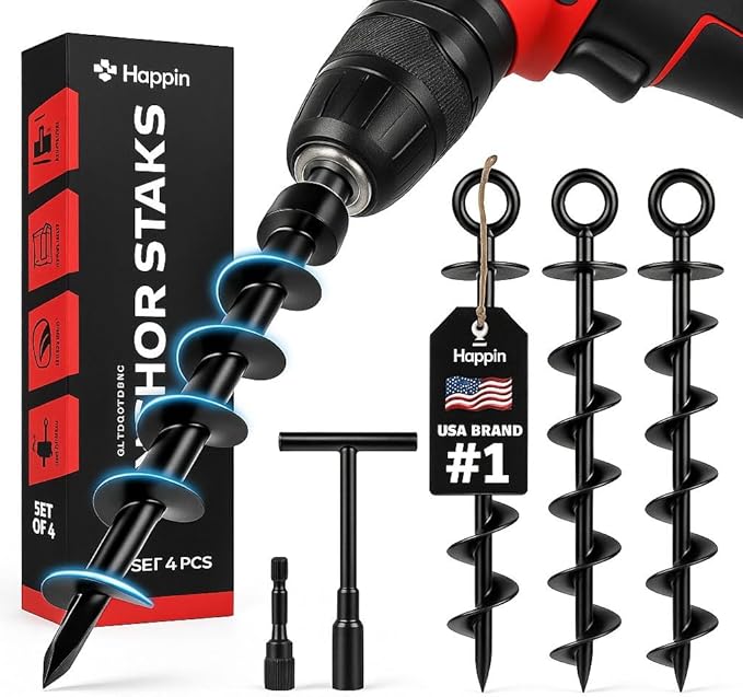 Happin® Heavy Duty Ground Anchors - Trampoline Anchors High Wind - Swing Set & Trampoline Stakes - Earth Anchors Screw in for Secure Hold - Stakes High Stability for Tents, Canopies & More (4 Pack)