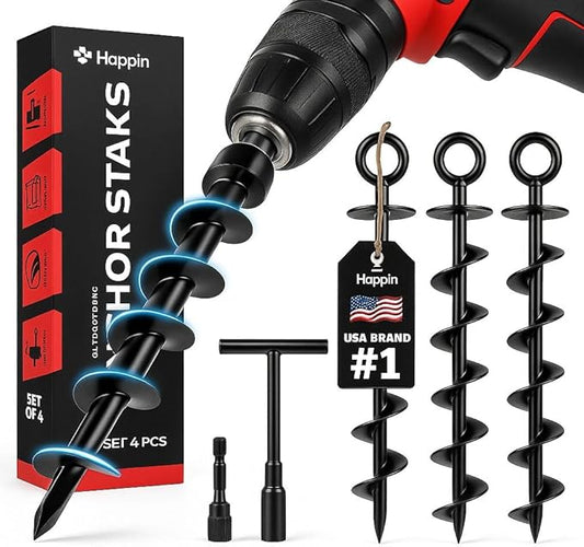 Happin® Heavy Duty Ground Anchors - Trampoline Anchors High Wind - Swing Set & Trampoline Stakes - Earth Anchors Screw in for Secure Hold - Stakes High Stability for Tents, Canopies & More (4 Pack)