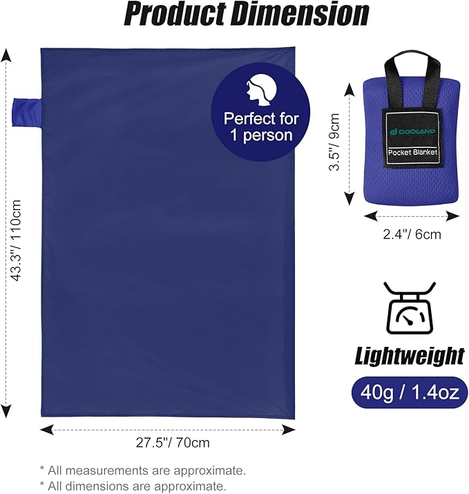 Odoland Beach Picnic Blanket, 43.3" x 27.5" SandProof Waterproof Outdoor Pocket Blanket with Portable Bag, Foldable Lightweight Sand Free Beach Mat for 1 People Hiking, Camping, Travel, Blue