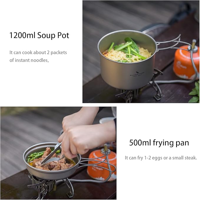 iBasingo Backpacking Cookset Titanium Camping Pots Set Ultralight Outdoor Picnic Pots Pans with Folding Handle Druable Portable Cooking Mess Kit Compact Picnic Dishes Bowls Cups (Multiple Sizes)