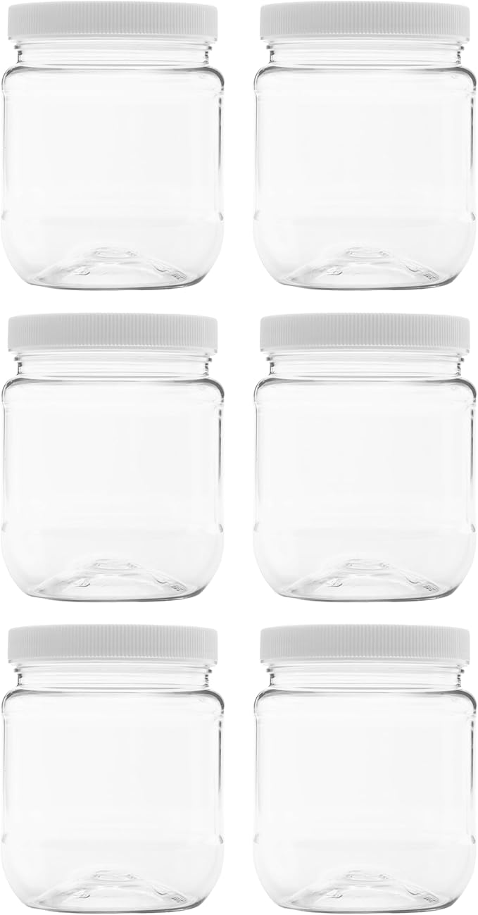 Plastic Storage Jars with Leak Proof Lids, BPA Free, Hand Wash Only (12oz Jar, 6PK)