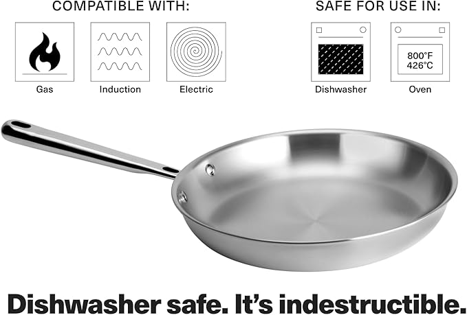 Misen 5-Ply Stainless Steel 10" Frying Pan - Professional Cookware for Induction, Gas and Electric - Dishwasher Safe, Oven Safe to 800°F - Durable, Versatile, Even Heating