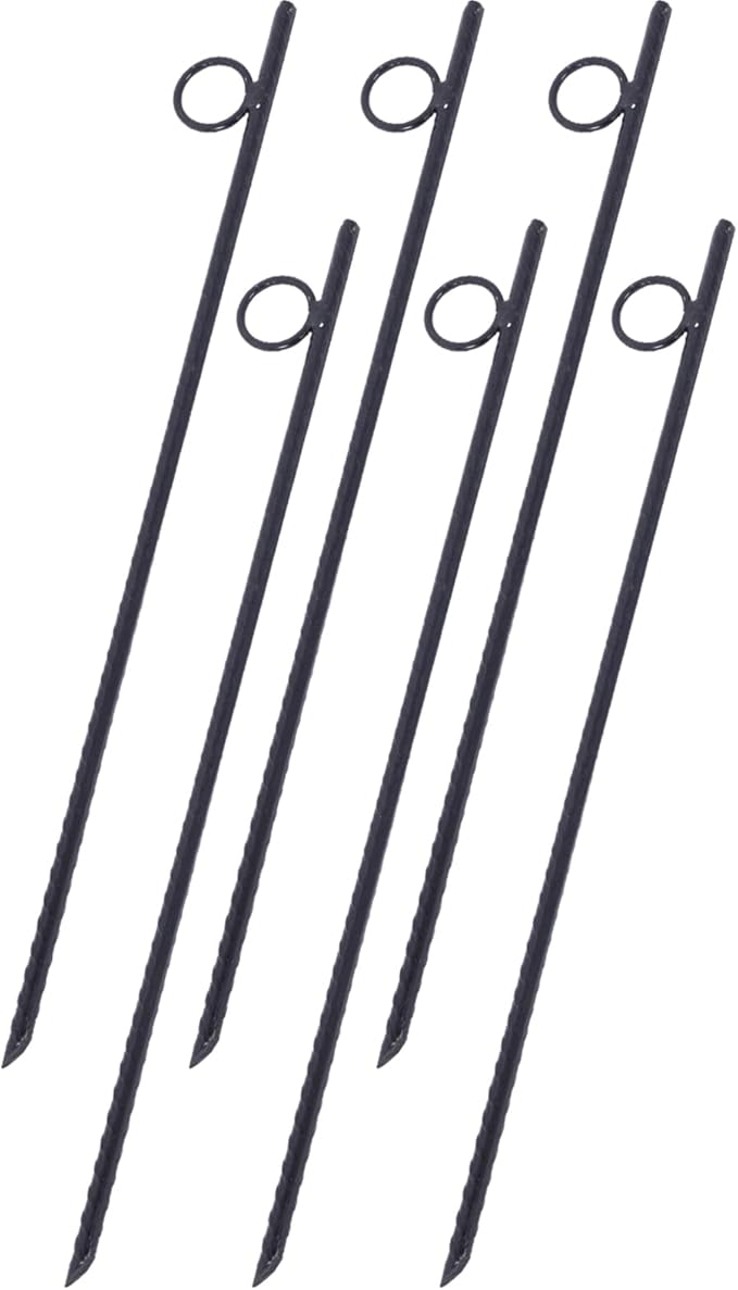 6 Pack Rebar Stakes 3/8" x 18" Heavy Duty Steel Ground Anchors with 1" Loop & Angled End for Canopy, Camping, Tent, Tarps, Garden & Yard, Black