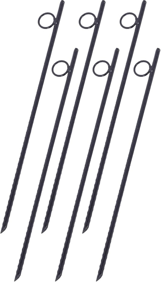 6 Pack Rebar Stakes 3/8" x 18" Heavy Duty Steel Ground Anchors with 1" Loop & Angled End for Canopy, Camping, Tent, Tarps, Garden & Yard, Black