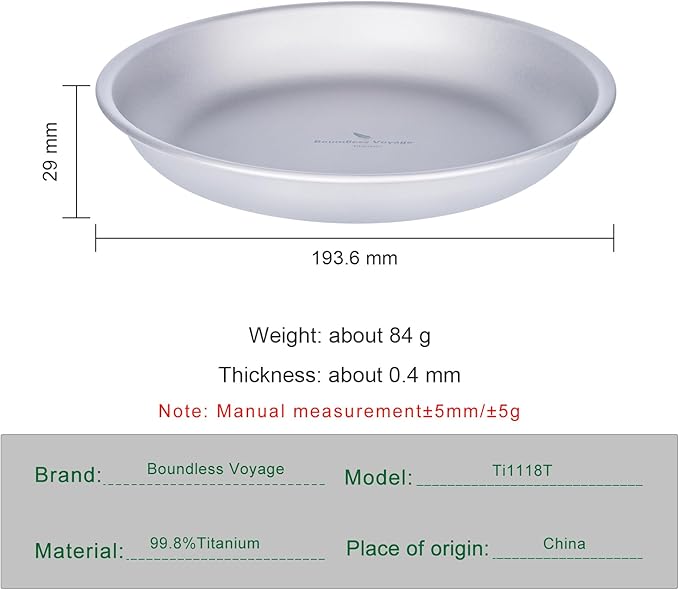 Boundless Voyage Titanium Camping Plate Dishes Saucer Lightweight Round Dinnerware Set Stackable Serving Plates Pasta Plates Travel Outdoor Home Kitchen Tableware Set Ti1118T