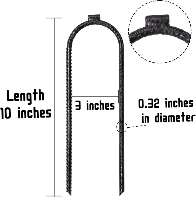 10"x3" U-Shaped Rebar Stakes - Heavy Duty Safety Ground Anchor for Trampoline, Wind Stake, Garden Fence, Landscape Edge, Outdoor Use