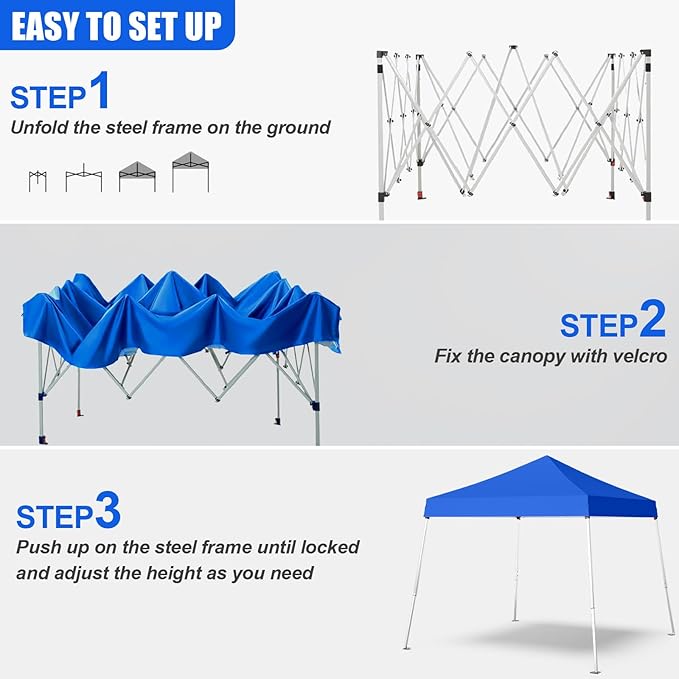 Pop-up Canopy Tent,Portable Outdoor Canopy for Parties Camping,Slant Legs Folding Tent,Sports Shelter,Beach Tent,Base 10x10 Top 8x8,3 Adjustable Height(Blue)