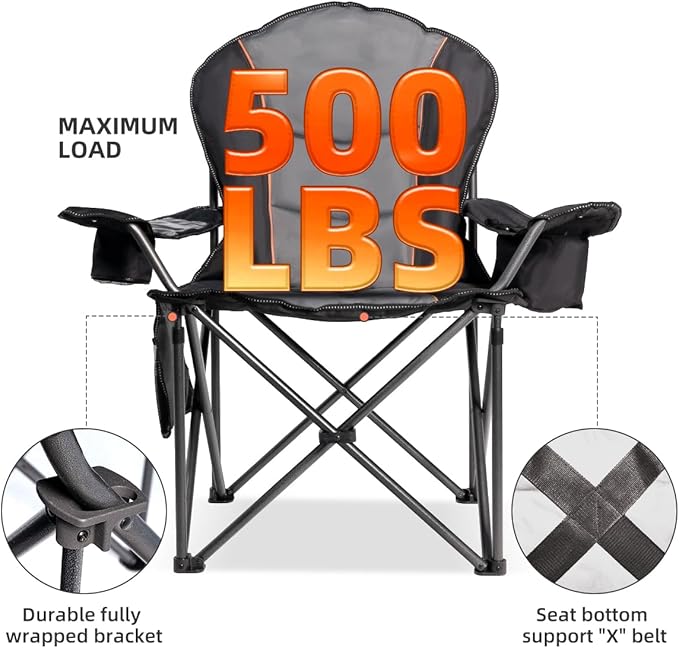Oversized Camping Chair Heavy Duty 500LBS - 2 PCS Folding Outdoor Chair with Cooler Bag, Storage Pockets, Portable Collapsible Lawn Chairs for Adults (Black & Gray)