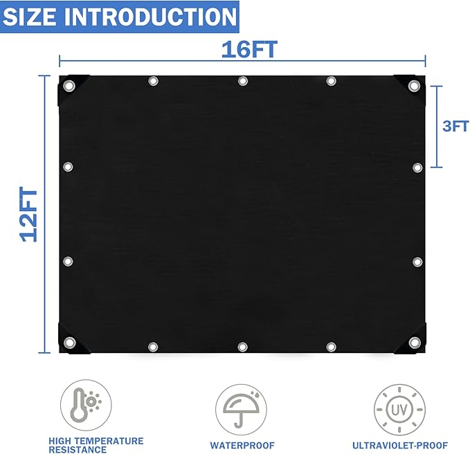 12x16FT Tarps Heavy Duty Waterproof, Large Heavy Duty Tarps with Grommets Reinforced Edges, UV Resistant, Tear&Fade Resistant, 16 Mil Black Covers for Camping Patio Roof Boat Outdoor