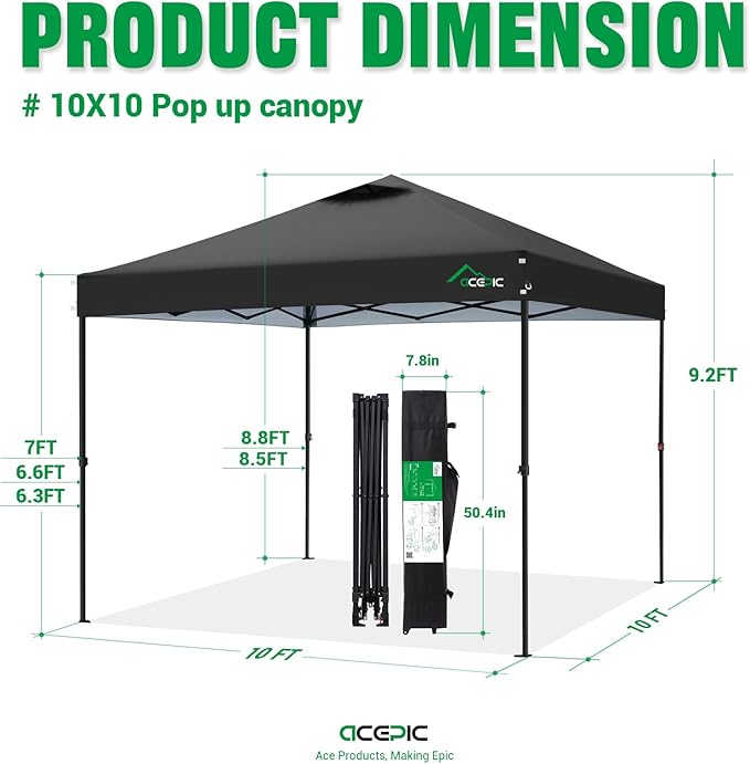 10x10 Pop Up Canopy Tent,300D Silver-Coating Top,Pop Up Canopy Tent Instant Portable Shelter with 1-Button Push and Wheel Carry Bag, 8 Stakes and 4 Upgrade Heavy Duty Canopy Weights (Black)
