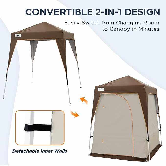 EAGLE PEAK 5x5 Pop Up Privacy Tent with Ground Mat, Portable Changing Room & Outdoor Shower Tent, Portable Canopy for Camping, Pool, Photoshoots or Toilet Shelters 6x6 Base 5x5 Top (Beige/Brown)