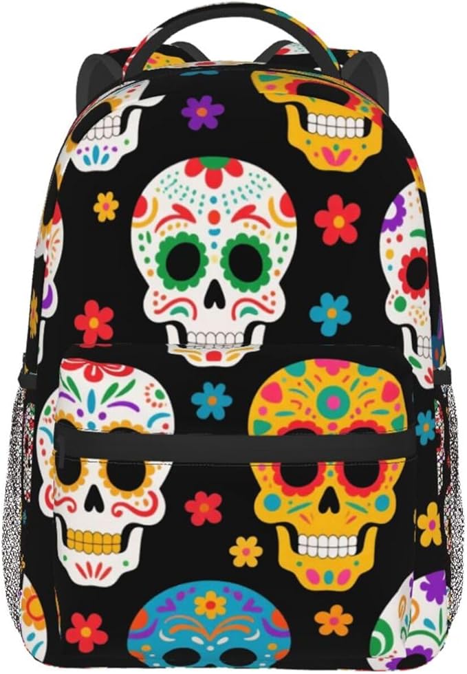 Backpack Polyester Anti-Theft Multipurpose Dead Sugar Skull Bookbag Large Capacity Laptop Book Bag Rucksack With Side Pockets