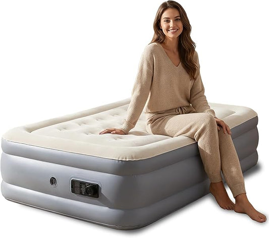 Twin Air Mattress with Built-in Pump, 2 Min Fast Inflation, 16" Raised Height, Supports up to 650 lbs, for Camping, Home Use, Guests, Portable Travel–Single Air Mattress