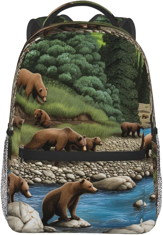 Adults Lightweight Bears Lovers Mountain River Pattern Rucksacks Large Capacity Bookbag With Adjustable Shoulder Straps for Trekking Outdoors Bicycle