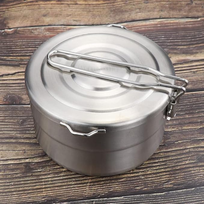 Lixada Stainless Steel Camping Cook Pot 1.5L with Lid and Folding Handle, Large Capacity Bento Pot for Outdoor Backpacking, Hiking, Picnic