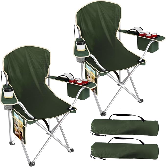 Folding Camping Chairs Durable 600D Oxford, Portable Outdoor Chair with Cooler Pouch, Cup Holder & Storage Pocket for Camping, Beach, Fishing