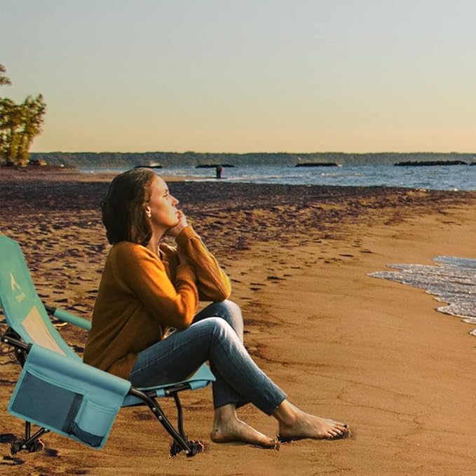 Oileus Low Beach Chair for Beach Tent/Shelter & Camping/Outdoor Ultralight Backpacking Folding Recliner Chairs with Cup Holder/Storage Bag, Carry Bag, Breeze Mesh Back, Compact Duty 1 Pcs Chair